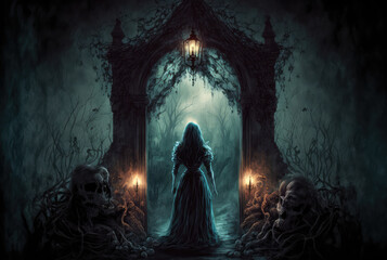 Ghost girl enters through gate to cemetery, skulls and lanterns. Fantastic mystical background, horror art. Generative AI