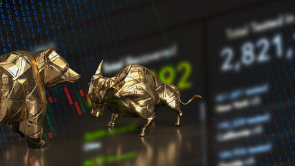 The gold bull and bear on chart for business concept 3d rendering