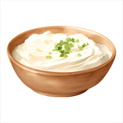 Sour Cream with Garnish in Bowl Isolated Detailed Hand Drawn Painting Illustration