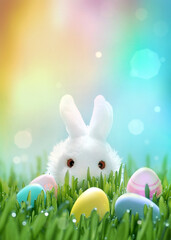 Fluffy easter white bunny hunts for colored Easter eggs on green grass.