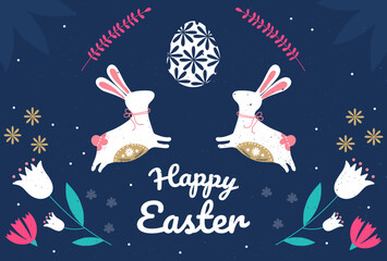 Obraz na płótnie Canvas Easter Day Vector Card. Folk modern style background with bunnies and eggs on turquoise background with flowers. Finished postcard for design or for gift giving.