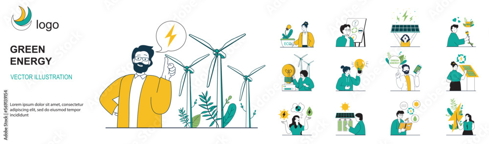 Poster green energy concept with character situations collection. bundle of scenes people use alternative e