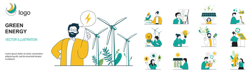 Green energy concept with character situations collection. Bundle of scenes people use alternative energy sources, conserve water and electricity, recycling. Vector illustrations in flat web design - obrazy, fototapety, plakaty