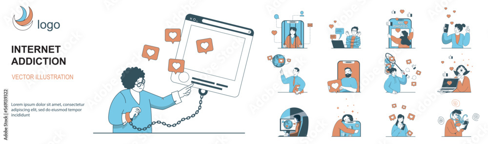 Aufkleber internet addiction concept with character situations collection. bundle of scenes people chained to 