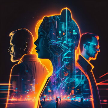 Persone con colori neon, dualismo, intelligenza artificiale, futuristiche