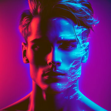 Persone con colori neon, dualismo, intelligenza artificiale, futuristiche