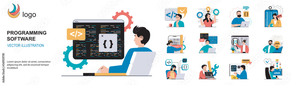 Aufkleber Programming software concept with character situations collection. Bundle of scenes people write, test and optimize code, work with different program languages. Vector illustrations in flat web design