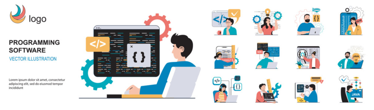 Programming software concept with character situations collection. Bundle of scenes people write, test and optimize code, work with different program languages. Vector illustrations in flat web design