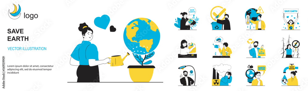 Poster save earth concept with character situations collection. bundle of scenes people activists and eco v