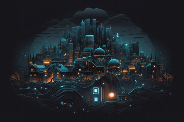 Cyber town on black background. Futuristic fantasy night landscape 3D illustration. Global technology and digital interface concept. Generative AI 