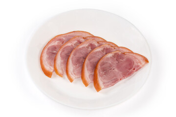 Sliced boiled-smoked pork knuckle on a white plate