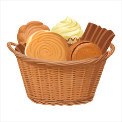 Bakery Breads in Wicker Basket Isolated Detailed Hand Drawn Painting Illustration