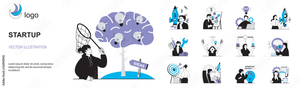 Aufkleber Startup concept with character situations collection. Bundle of scenes people generate business ideas, invest in new projects, develop company and target. Vector illustrations in flat web design