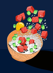 Vegetable and salmon poke bowl . Vector illustration isolated on white background for menu restaurant. 