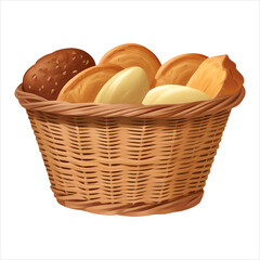 Bakery Breads in Wicker Basket Isolated Detailed Hand Drawn Painting Illustration