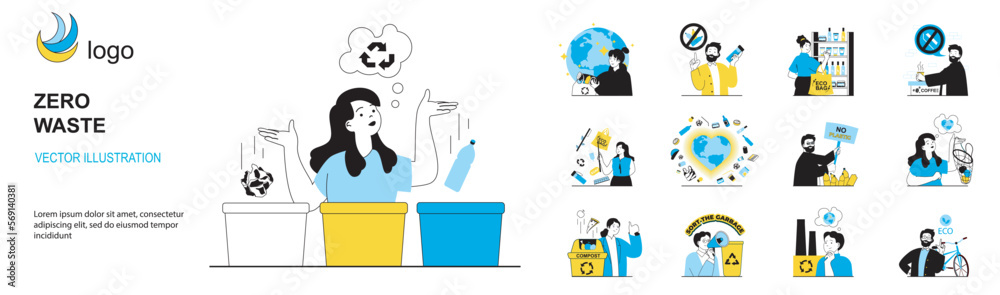 Aufkleber zero waste concept with character situations collection. bundle of scenes people lead eco friendly l