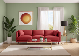 Fototapeta premium Modern interior living room. Green walls with red sofa, green plants in floor pots. Generative Ai