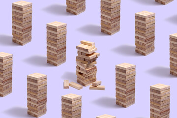 Schematic of a jenga board game with one half-collapsed tower in the middle.