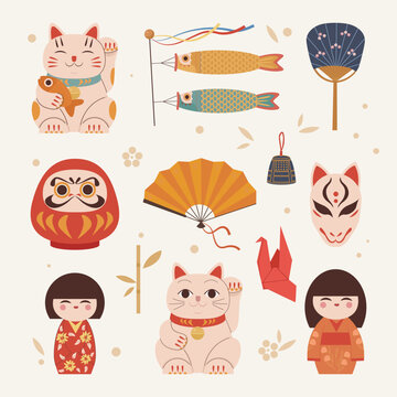 asian dolls. china fortune symbols cats masks and lanterns. Vector traditional authentic collection