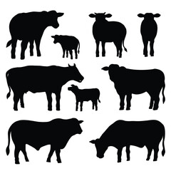 Set of cows vector Illustration. Collection of Black silhouette cow isolated on white background. Hand drawn style.
