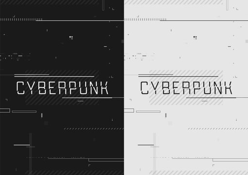 Cyberpunk futuristic poster set. Modern cyberpunk design for web and print template. Tech flyer with HUD glitchy elements. Abstract futuristic technology black and white design, inversion. Vector