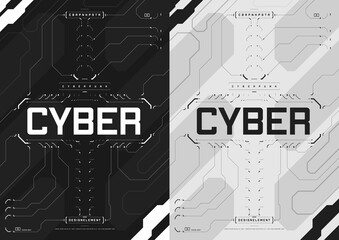 Cyberpunk futuristic poster set. Cyberpunk design for web and print template. Tech flyer with HUD elements collection. Abstract futuristic digital technology design. Virtual environments. Vector