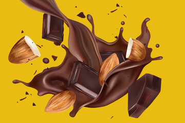 Chocolate with almonds splashing in the middle isolated on solid color background, Vector realistic in 3d illustration.