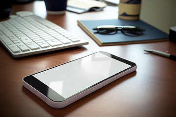 Smartphone on the office table background created with generative Ai technology