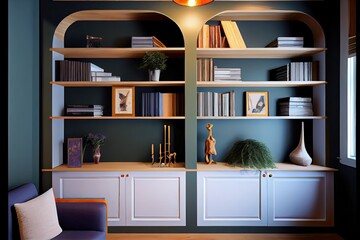 Interior decoration of the room with an emphasis on the bookcase, modern decor, realistic photo. Generative AI.