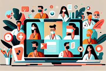 woman, healthcare services concept and online medical consultation, group of doctors video conference on laptop screen and medicine icons, flat vector illustration