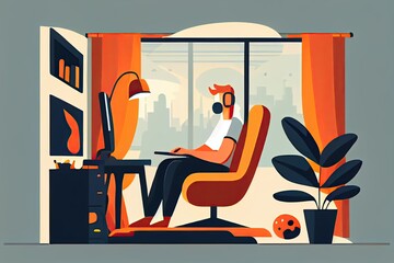 Remote Freelance Work Concept. Man Freelancer Wearing Headset Sitting in Comfortable Armchair Working Distant on Laptop. Generative AI.
