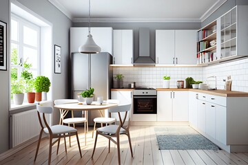 Large kitchen and neutral, modern decor. Generative AI.