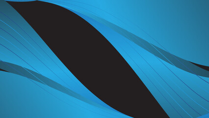 Blue wavy curves on black background. Line art striped graphic template. Vector illustration.