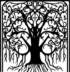An abstract transparent outline of an art nouveau style tree design element. Vectorized from an ai generation.