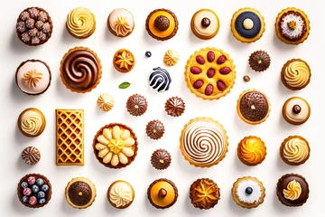 Fotobehang Assortiment de desserts, gâteaux et pâtisseries vues de dessus, sur fond blanc - Générative iA © Concept Photo Studio