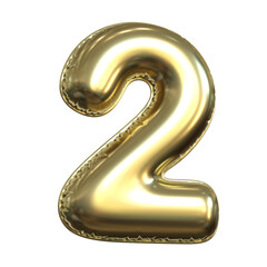 Gold metallic balloon font 3d rendering, number 2