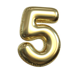 Gold metallic balloon font 3d rendering, number 5