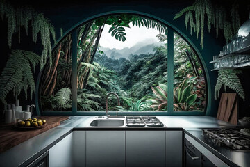 Fototapeta premium Cuisine contemporaine ouverte sur la nature - Générative IA