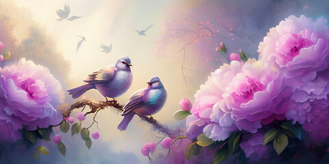 beautiful painting spectral flower and pair of birds, Blurred background