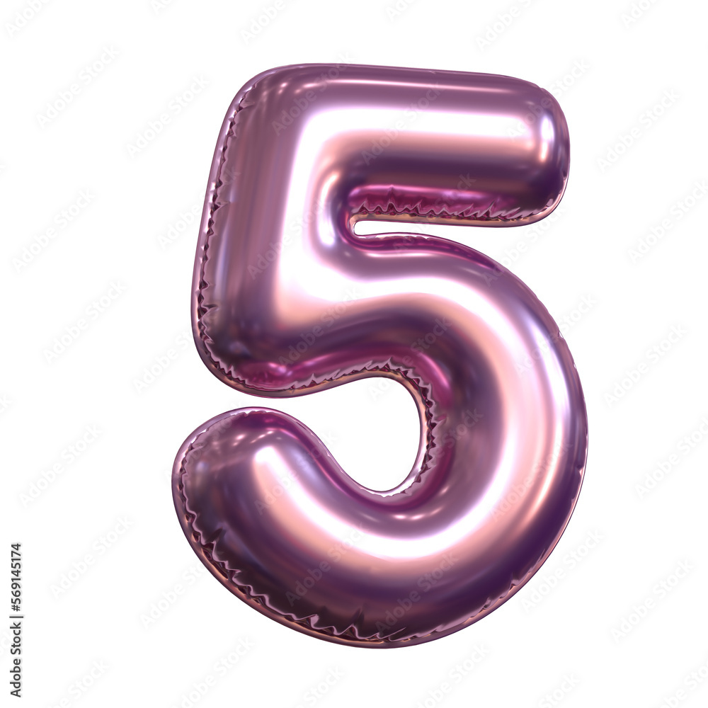 Poster pink metallic balloon font 3d rendering, number 5