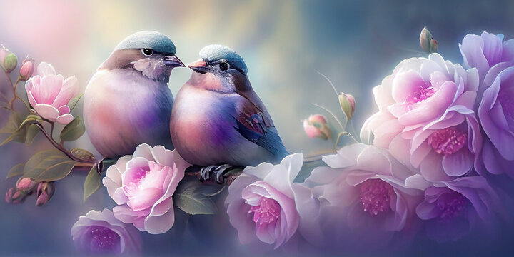 beautiful painting  flower and the bird, Blurred background