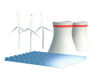 Alternative energy 3d concept - Wind power station nuclear power plant and solar panels against white background 3d rendering