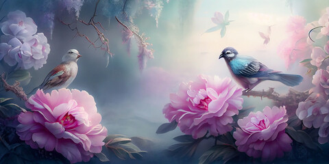 beautiful painting peony flower and birds