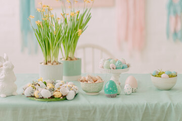 easter decor in pastel colors, easter interior decoration