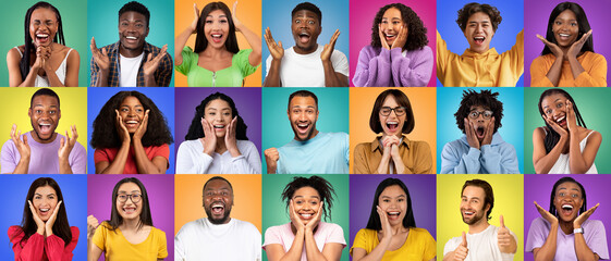 Happy Excitement. Diverse Positive People Expressing Different Emotions Over Colorful Backgrounds