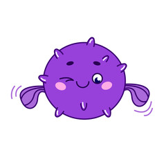 Cute cartoon sea ball fish in cartoon style. Marine animals, ocean fish. Vector illustration in hand-drawn style