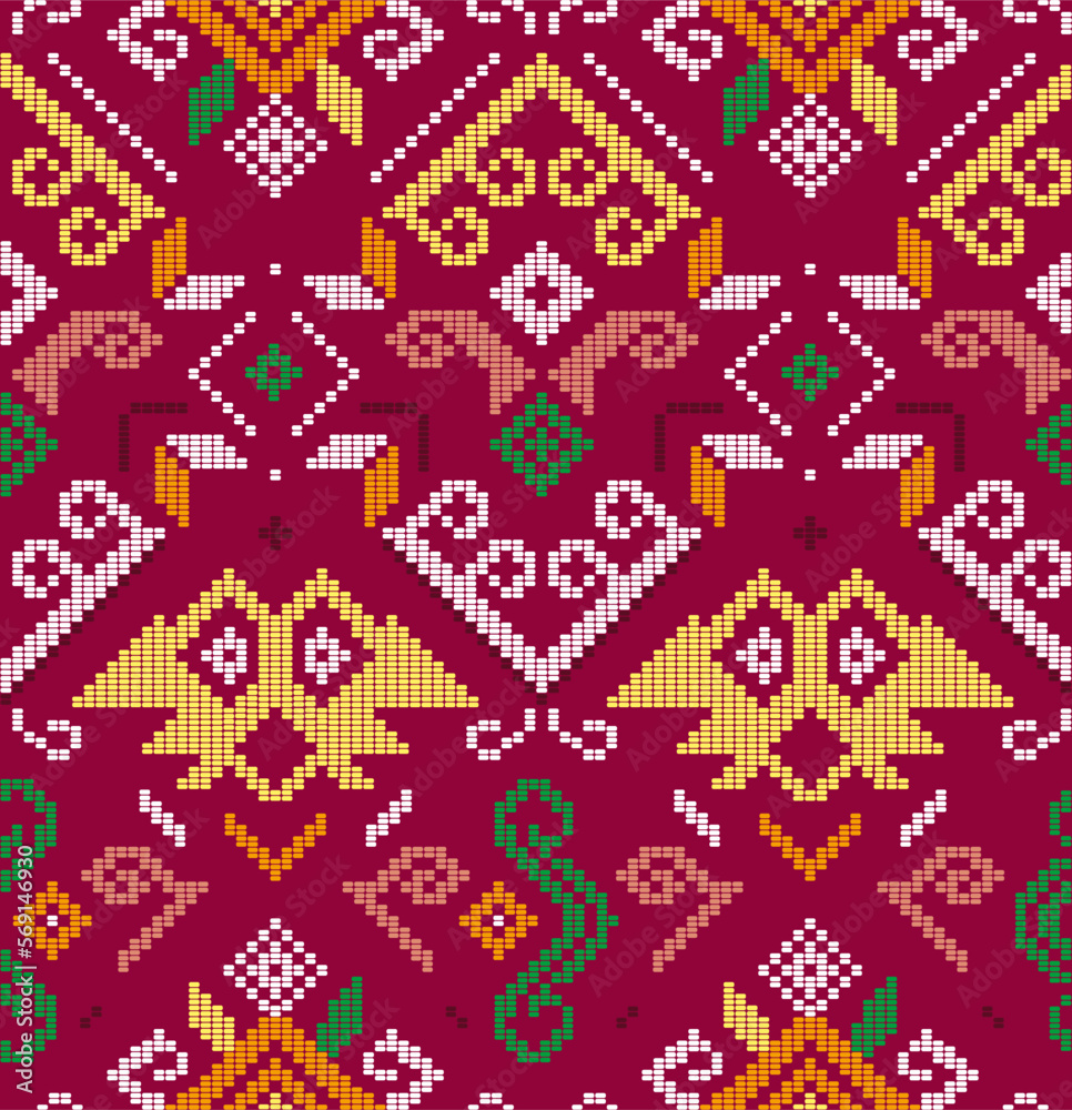 Poster Filipino unique folk art - Yakan cloth inspired vector seamless pattern, retro textile or fabric print design from Philippines on red background
