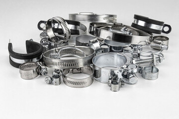 Hose Clamp, Different metal clamps for hose connection isolated on white background, 