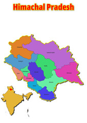 Map of Himachal Pradesh Union Territor with names of regions. Vector illustration of geographical map of Himachal Pradesh Union Territor depicted on the map of India.  - obrazy, fototapety, plakaty