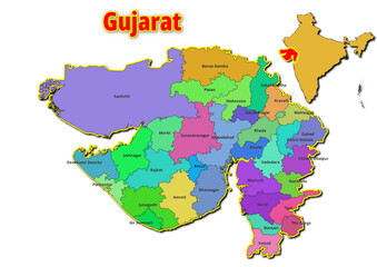 Map of Gujarat State with names of regions. Vector illustration of geographical map of Gujarat State depicted on the map of India. 